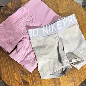 Nike Pro Gray Camo Shorts and Pink Ribbed Leggings